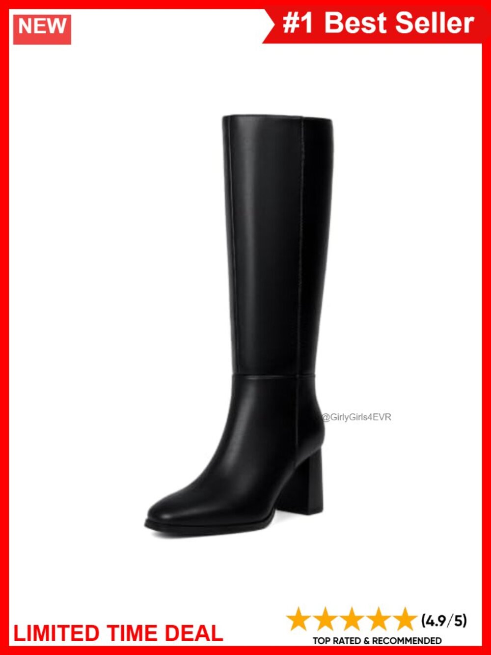 Square Toe Knee High Boots with Chunky Heel and Faux Leather